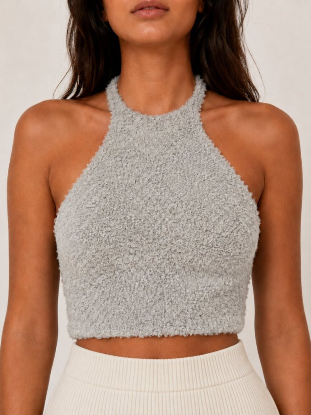 SKIMS Cozy Knit Halter Bra Top S/M Smoke Gray Backless NWOT